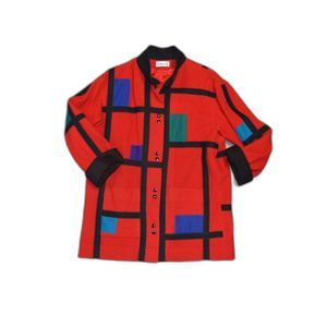 Herman Kay Vintage Colorblock 80s Red Geometric 100% Wool Car Coat Jacket